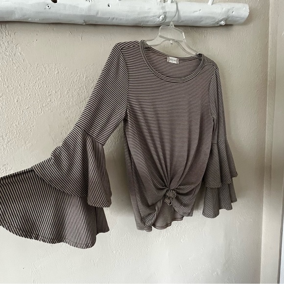 Altar’d State | Tan Black Striped Tiered Ruffled Bell Sleeve Top, Small - Picture 2 of 6
